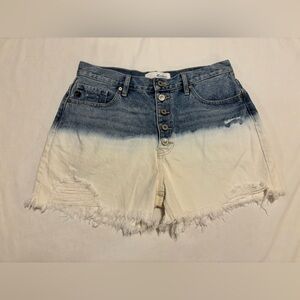 Kancan dark blue to white ombré button fly denim distressed shorts, XL